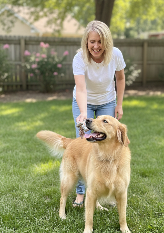 Pet sitter with happy dog outdoors